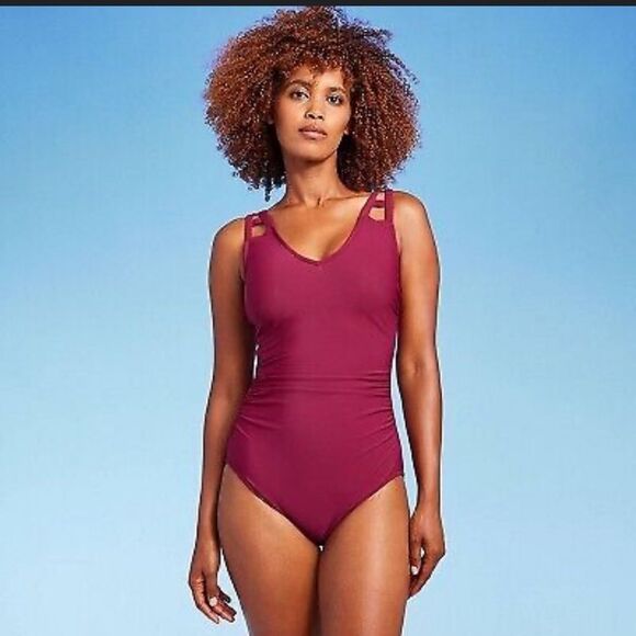 Aqua Green Wine Red Women's one piece Cut Out Strap One Piece Swimsuit M - Picture 1 of 6